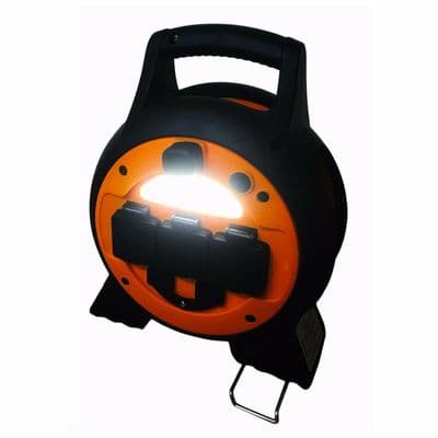 MAINS 3 way CAMPING ROLLER 15m HOOK UP LEAD REEL with LIGHT + USB PORTS caravan