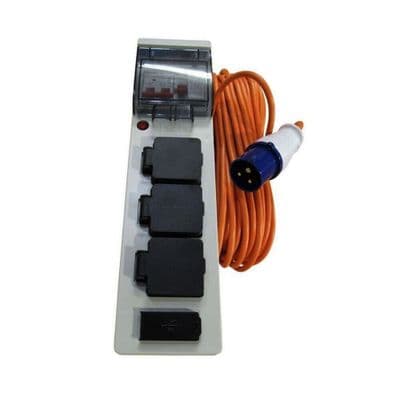 MOBILE MAINS UNIT WITH 2 USB PORTS 15 Metre Hook Up Cable + RCD Caravan Camping
