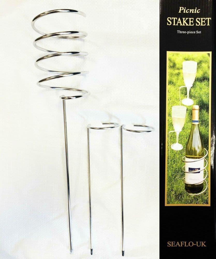 PICNIC WINE BOTTLE and GLASS HOLDER STAKES SET Camping Beach OUTDOOR BBQ S
