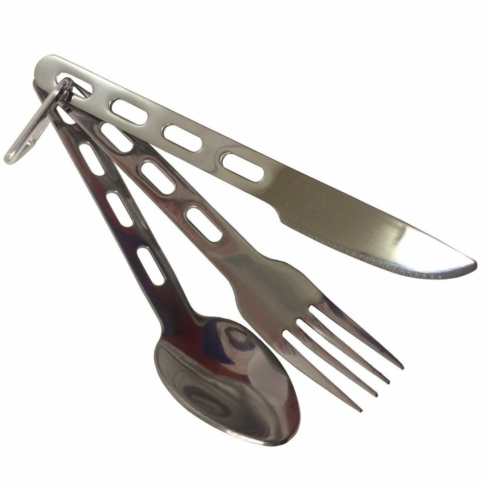 STAINLESS STEEL CAMPING CUTLERY SET WITH CARBINE HOOK hiking spoon fork etc