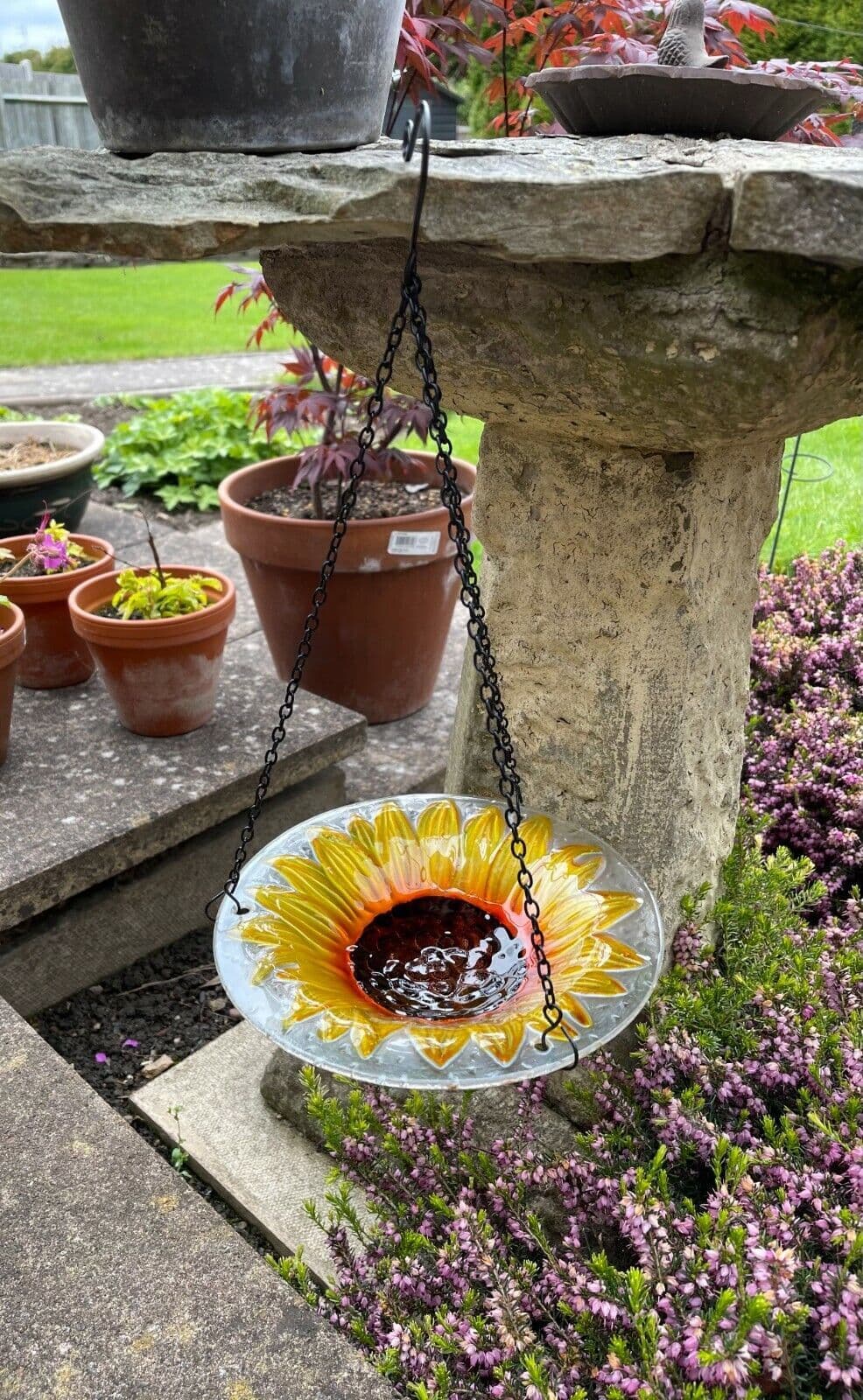 SUNFLOWER HANGING GLASS BIRD BATH FEEDER garden tree hanger LH011085 PPI
