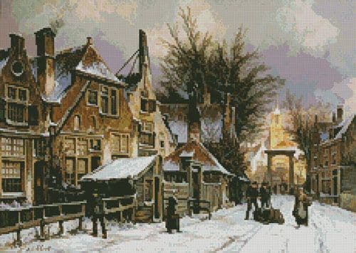 A Townview with figures on a snow covered street by Artecy printed cross stitch chart