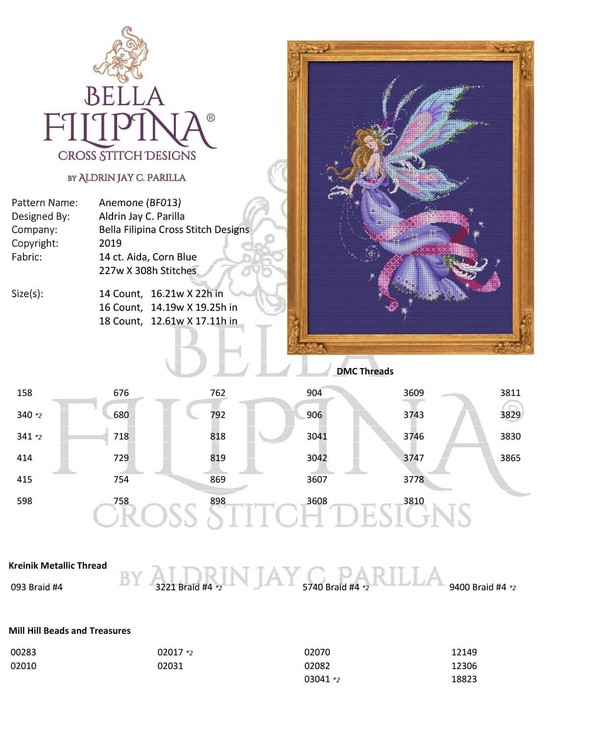 Bella Filipina Anemone printed cross stitch chart