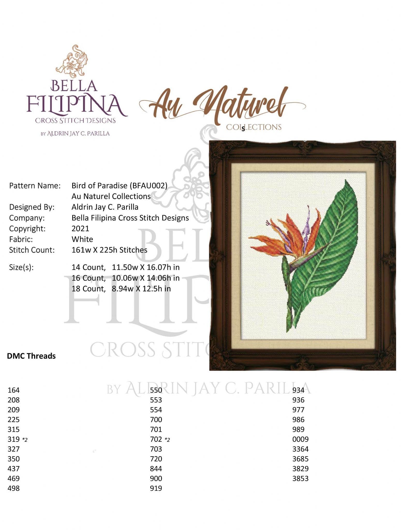 Bella Filipina Bird of Paradise printed cross stitch chart