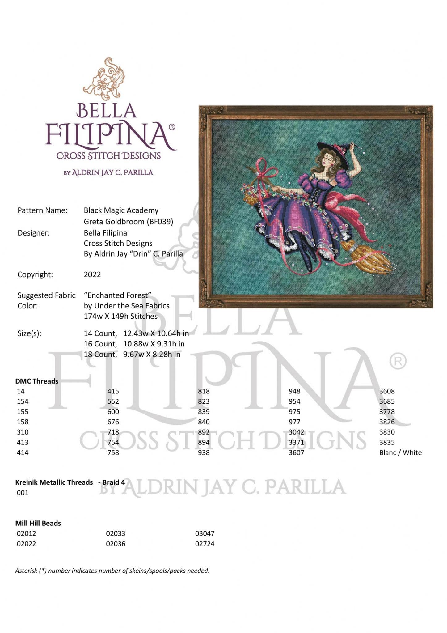 Bella Filipina Black Magic Academy Greta Goldbroom printed cross stitch