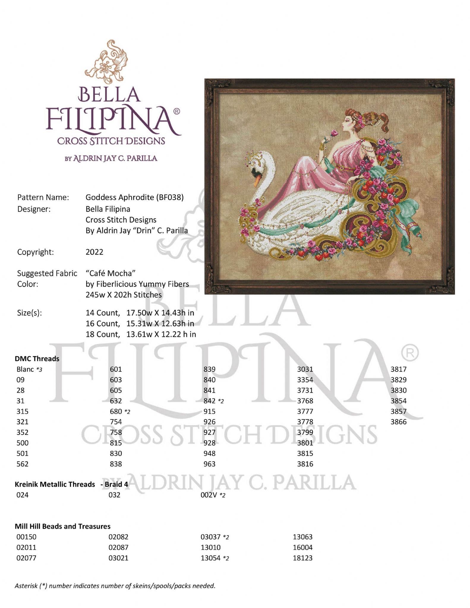 Bella Filipina Goddess Aphrodite printed cross stitch chart