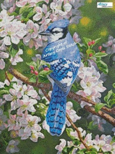 Blue Jay in Apple Blossoms (Crop) by Artecy printed cross stitch chart