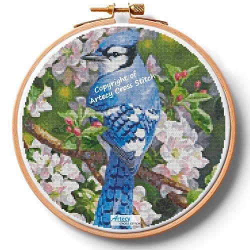Blue Jay in Apple Blossoms Hoop (Extra Large) by Artecy printed cross stitch chart