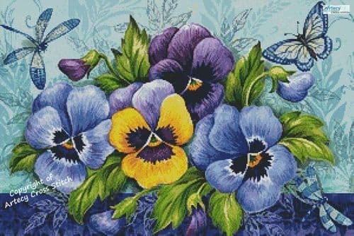 Blue Purple and Yellow Pansies by Artecy printed cross stitch chart