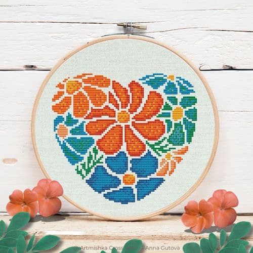 Boho Floral Heart cross stitch chart by Artmishka Cross Stitch