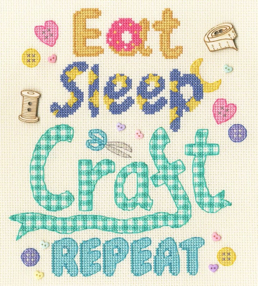Bothy Threads Eat Sleep Craft Repeat cross stitch kit