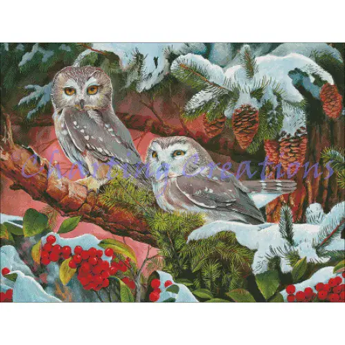Charting Creations Northern Saw-Whet Owls printed cross stitch chart