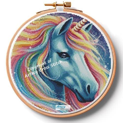 Cute Rainbow Unicorn 2 Hoop (Large) by Artecy printed cross stitch chart