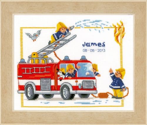 Fire Engine Birth Record Counted Cross Stitch Kit by Vervaco