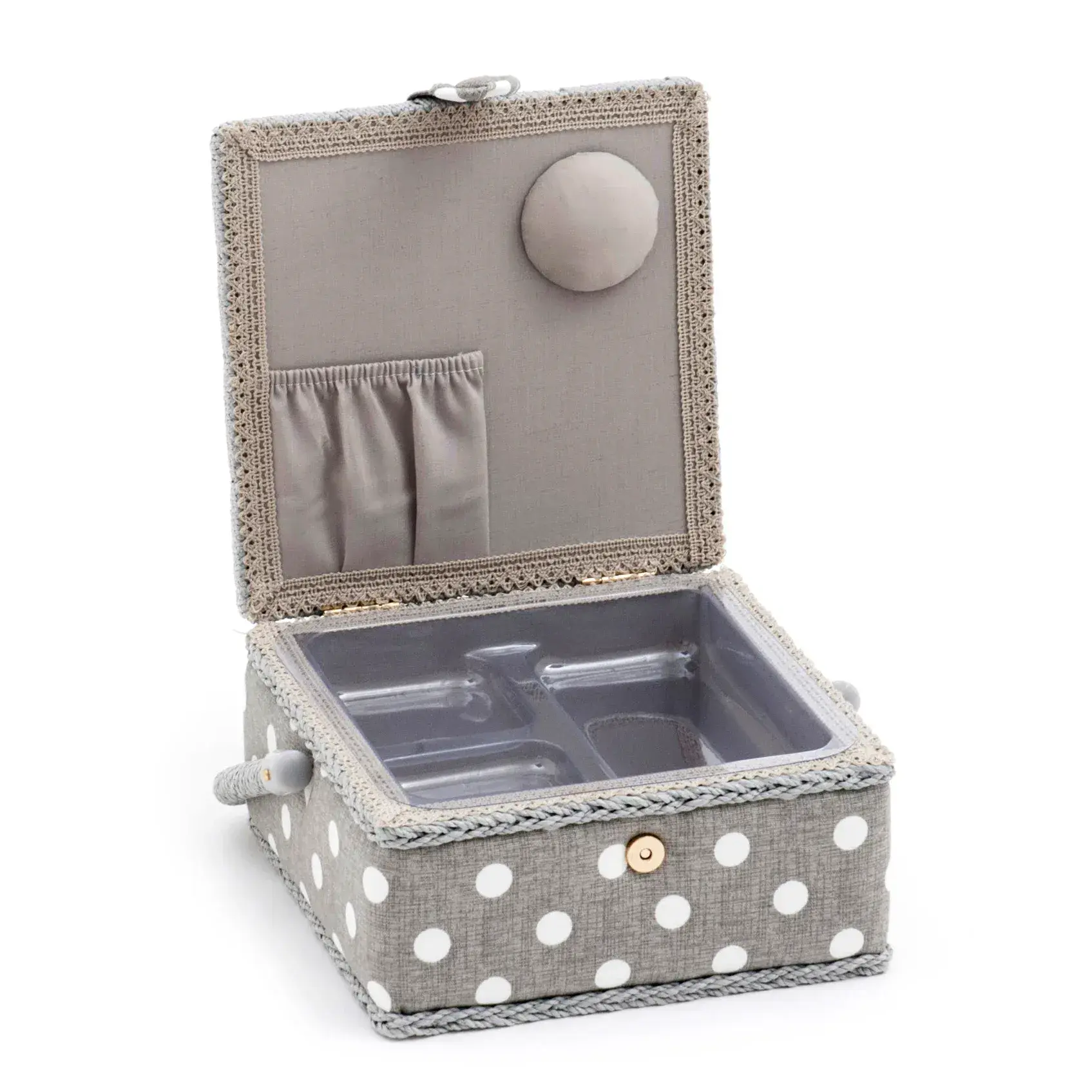 Grey Linen Polka Dot Small Square Sewing Box
