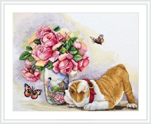 Merejka Bulldog and Butterflies cross stitch kit