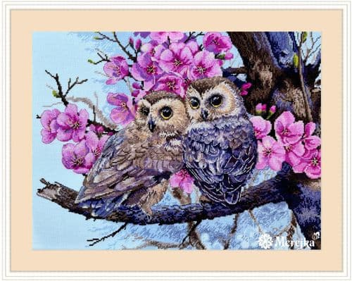 Merejka Owls in Spring Blossom cross stitch kit