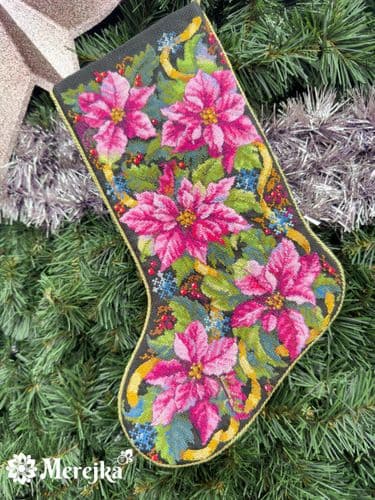 Merejka Pink Poinsettia Stocking cross stitch kit