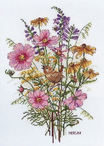 Merejka September Flowers and Wren cross stitch kit