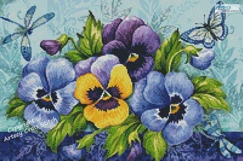 Mini Blue Purple and Yellow Pansies by Artecy printed cross stitch chart