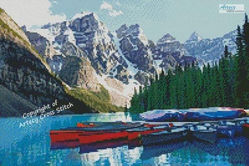 Mini Boats on Moraine Lake, Canada by Artecy printed cross stitch chart