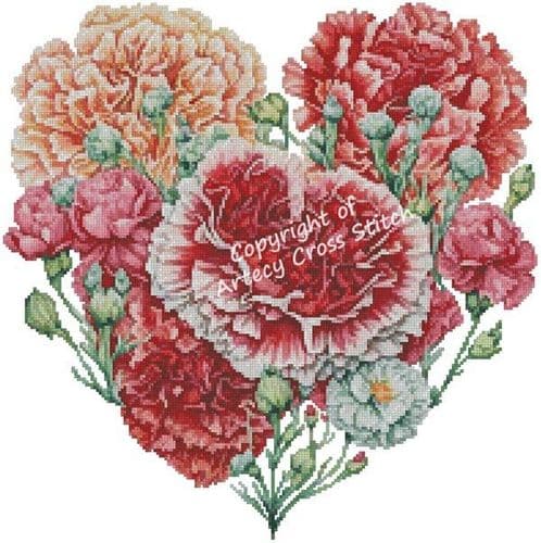 Mini Carnations Heart by Artecy printed cross stitch chart