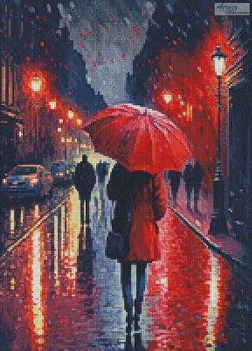 Mini Red Umbrella in the Rain by Artecy printed cross stitch chart