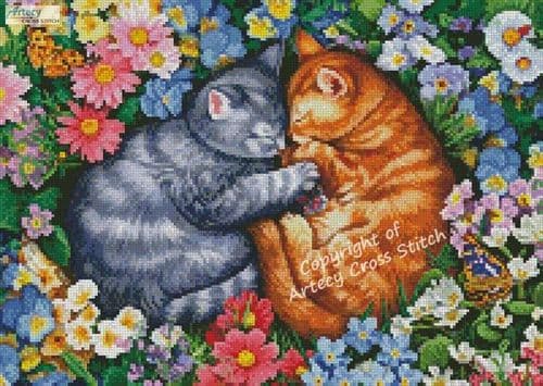 Mini Sleeping Kittens in Flowers by Artecy printed cross stitch chart