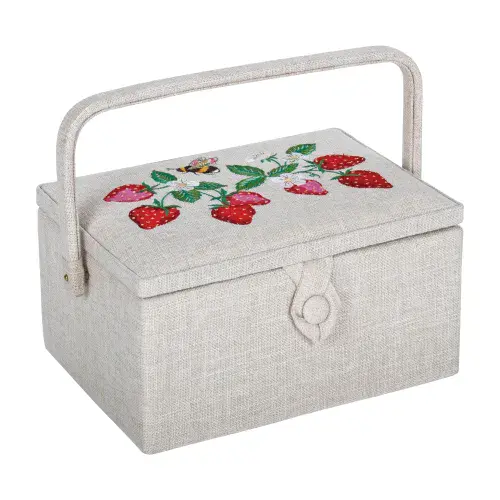 Natural Strawberries Embroidered Lid Medium Sewing Box