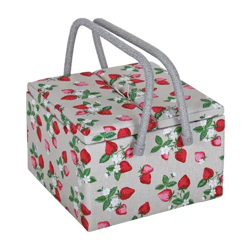 Natural Strawberries Twin Lid Large Square Sewing Box