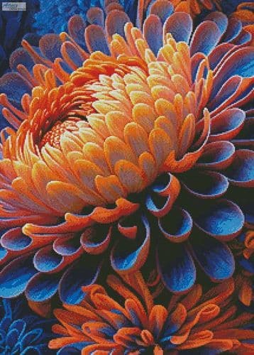 Orange and Blue Chrysanthemums by Artecy printed cross stitch chart