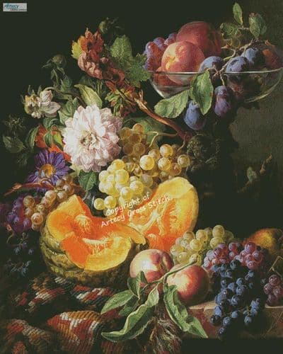 Peaches, Plums, Grapes and Melon (Large) by Artecy printed cross stitch chart