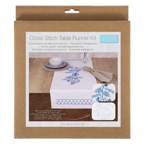 Printed Cross Stitch Kit: Table Runner: Blue Floral