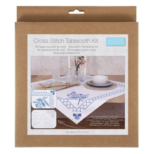 Printed Cross Stitch Kit: Tablecloth: Blue Floral