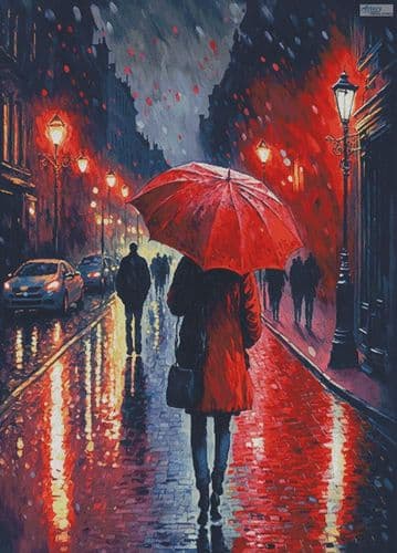 Red Umbrella in the Rain (Large) by Artecy printed cross stitch chart