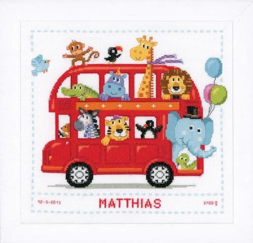 Safari Bus Birth Record Counted Cross Stitch Kit by Vervaco