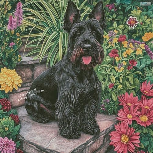Scottish Terrier in a Garden (Large) by Artecy printed cross stitch chart