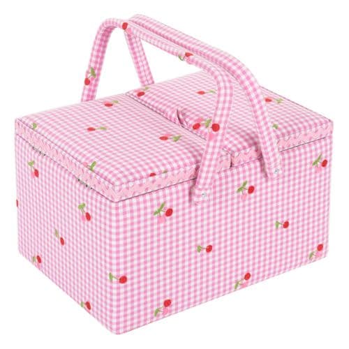 Sewing Box (L): Twin Lid: Embroidered Cherries