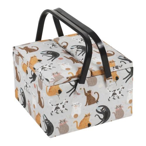 Sewing Box (L): Twin Lid: Square: Cats
