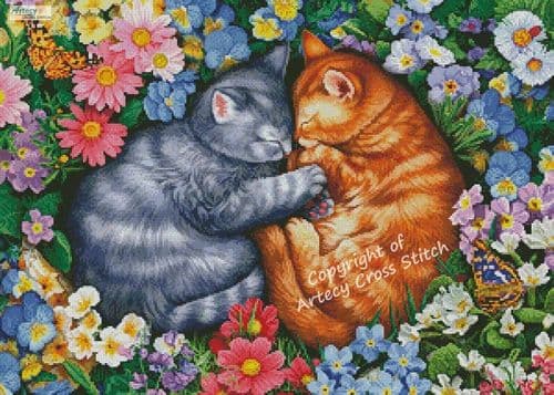 Sleeping Kittens in Flowers by Artecy printed cross stitch chart