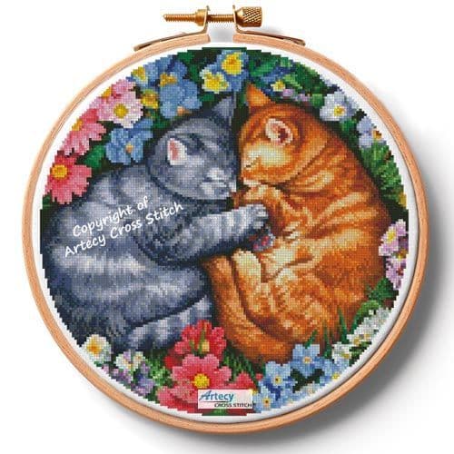 Sleeping Kittens in Flowers Hoop (Extra Large) by Artecy printed cross stitch chart