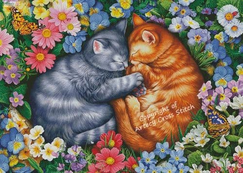 Sleeping Kittens in Flowers (Large) by Artecy printed cross stitch chart