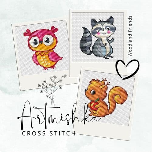 Squirrel, Owl, Raccoon Set of 3 cross stitch chart by Artmishka Cross Stitch