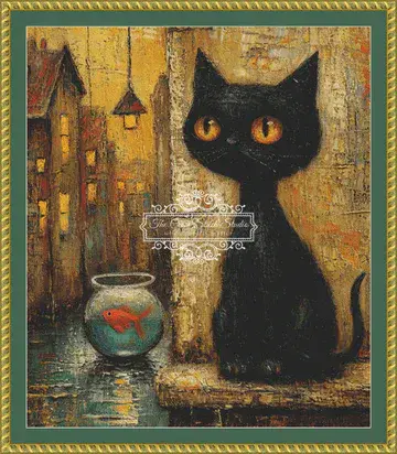 The Cross Stitch Studio Black Cat And Goldfish printed cross stitch chart