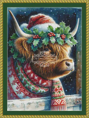 The Cross Stitch Studio Christmas Highland Cow printed cross stitch chart