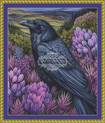 The Cross Stitch Studio Crow Among Purple Flowers Crop printed cross stitch chart