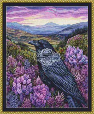 The Cross Stitch Studio Crow Among Purple Flowers printed cross stitch chart