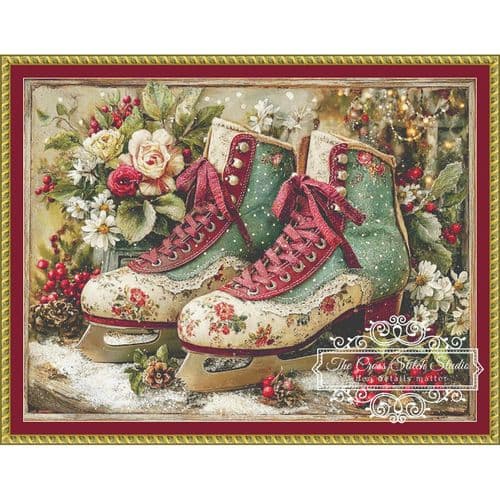 The Cross Stitch Studio Floral Christmas Skates printed cross stitch chart
