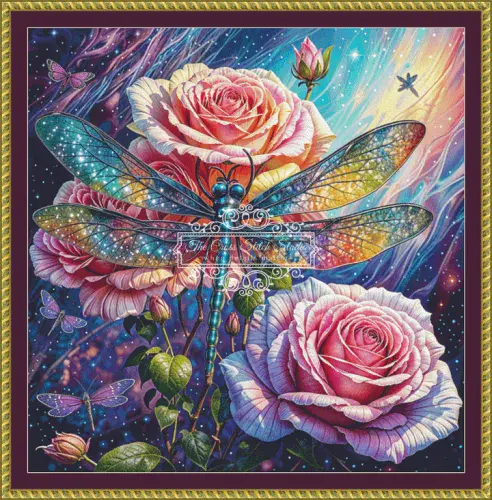The Cross Stitch Studio Pink Roses With Dragonfly printed cross stitch chart