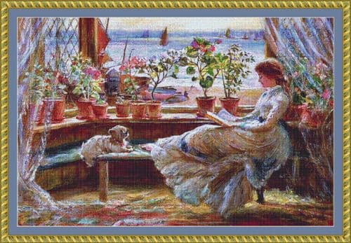 The Cross Stitch Studio Reading by the Window Crop printed cross stitch chart